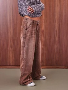COUREZ Baggy Fit Carpenter Jeans In Dirty Brown Wash /Y2K Going Out Outfits  Women Clothes  Clothes Low Rise Jeans Spring Clothes Back To School - Brown - View 5