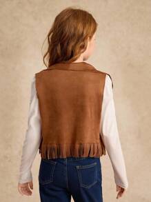 Tween Girl Waterfall Collar Fringe Trim Open Front Coat - Brown - View 2