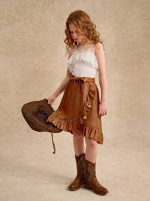 Tween Girl 2pcs Set: White Lace Patchwork Camisole Blouse + Khaki Belted Ruffle Hem Mini Skirt Elegant Outfit Summer Holiday - Khaki - View 1