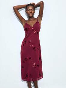 Maija 女款红薯亮片面料细肩带V领装饰设计百搭别致都市优雅休闲商务办公装，低调复古气息，精致魅力，都市通勤，杂志编辑同款，都市社交场合度假派对装，迷人高端品味，高智商气息，优雅知性复古气息邮轮度假连衣裙，优雅知性女士婚礼宾客连衣裙，浪漫梦幻法式轻松高端品味，高智商气息，优雅知性复古气息邮轮度假连衣裙 - 酒紅色 - 查看 5