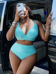 Slaydiva 全新大码女式提花 V 领吊带比基尼泳装套装