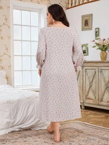CottageSlumber Ditsy Floral Semi-Sheer Lace Trim Patchwork Mid-Length Long Sleeve Plus Size Women Nightgown, Fall - Baby Pink - View 2