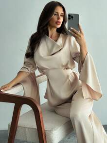 Firerie Bộ 2 món áo cánh dài tay buộc dây màu mơ và quần ống rộng cạp chun co giãn bằng vải satin cho nữ, bộ đồ áo cánh tay xẻ, bộ đồ màu mơ, trang phục thanh lịch/đi làm/thường ngày/công sở/văn phòng/vừa phải/tiệc tùng/tiệc tùng/trang phục giáo viên nữ - Màu be - Xem 9