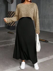 SHEIN Essnce 大码女装春秋季时尚休闲宽松舒适基础款日常灰色长袖露脐上衣和黑色马甲长裙两件套，春季服装，连衣裙套装，曲线套装，女士秋季服装 - 杏色 - 查看 3