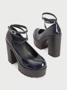 Sugerpunk 女士休闲防水厚底高跟鞋，秋季时尚深蓝色踝带扣高跟鞋，适合派对、旅行、聚会 - 藏蓝色 - 查看 5