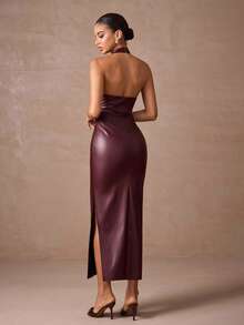 Lumalex 秋冬季仿皮亮面高领V领镂空修身开衩连衣裙，女士派对必备，优雅魅力，新款时尚，奢华舞会聚会宴会，低调奢华，闪耀节日派对狂欢节郊游度假，户外热门，层次丰富，婚礼季宴会，宰牲节派对新年皮裙酒红色连衣裙，镂空连衣裙 - 酒紅色 - 查看 3