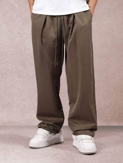 SUMWON Pantalones de pierna ancha de nailon, pantalones rectos con pliegues frontales, colección de cintura alta, estilo casual de calle, pantalones de uso diario para otoño e invierno