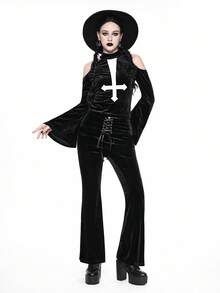 ROMWE Goth Gothic Dark Style Halloween, Inverted Cross Embroidery Off-Shoulder Flare Sleeve Velvet Crop Top For Women