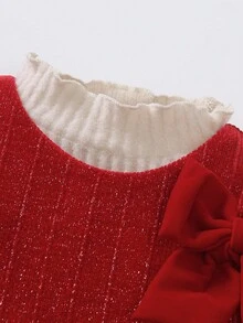 Elladie kids 2件套女童秋冬连衣裙，包含一件无袖罗纹针织拼色连衣裙，饰有红色蝴蝶结，以及一件柔软的高领罗纹毛衣。连衣裙采用微光面料，适合秋冬季节穿着，展现年轻女孩的甜美与成熟气质。 - 紅色 - 查看 4