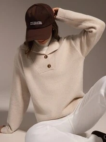 Hanevo Casual Solid Color Minimalist Navy Collar Button Design Knit Sweater, Autumn/Winter New Arrival - Apricot - View 7