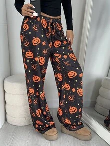 Aloruh 女式复古节日派对万圣节幽灵与蝙蝠印花阔腿裤 - 黑色 - 查看 7