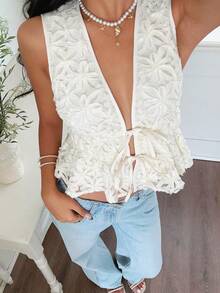 Serisse 女式提花深V领系腰荷叶边下摆性感时尚衬衫 - 杏色 - 查看 4