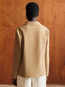 SHEIN LUNE Luminell 女士宽松优雅羊毛混纺直筒西装外套，秋冬 - 棕色 - 查看 2