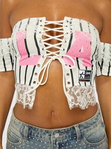 SUMWON WOMEN 露肩束腰系带上衣条纹白色钢琴键设计时尚复古别致美感短袖优雅晚会俱乐部服装 - 白色 - 查看 6