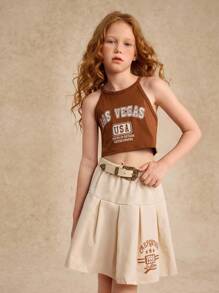 2 件套 Tween 女童夏季时尚字母印花无袖背心和褶皱迷你裙套装