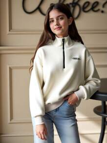 Tween Girl Thermal Lined Half Zip Sweatshirt - Apricot - View 1