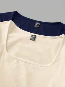 SHEIN EZwear 2 件女式海军蓝和杏色方领修身长袖休闲 T 恤套装，适合秋冬季 - 彩色 - 查看 5