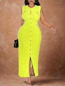 Veslaya 大码女式无袖荧光绿单排扣修身优雅针织连衣裙，秋冬款 - 綠色 - 查看 11