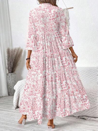 SHEIN LUNE Women's Watercolor Floral V-Neck Ruched Long Sleeve Dress, Suitable For Autumn Fall Clothes Chic Women Modest Dresses,Fall Summer Boho Cottagecore