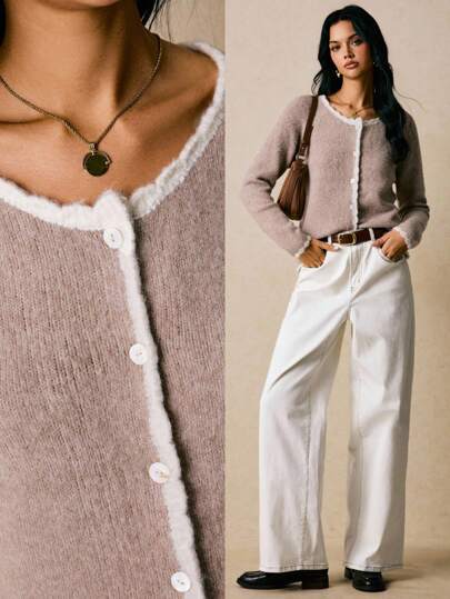 Poéselle 柔软毛绒撞色饰边纽扣开衫 - 舒适灰褐色中性针织毛衣、毛绒开衫、撞色饰边毛衣、舒适针织开衫、中性色、低调奢华针织衫、柔软马海毛开衫、简约美感秋季女式运动衫、女式撞色圆领长袖单排扣休闲针织开衫