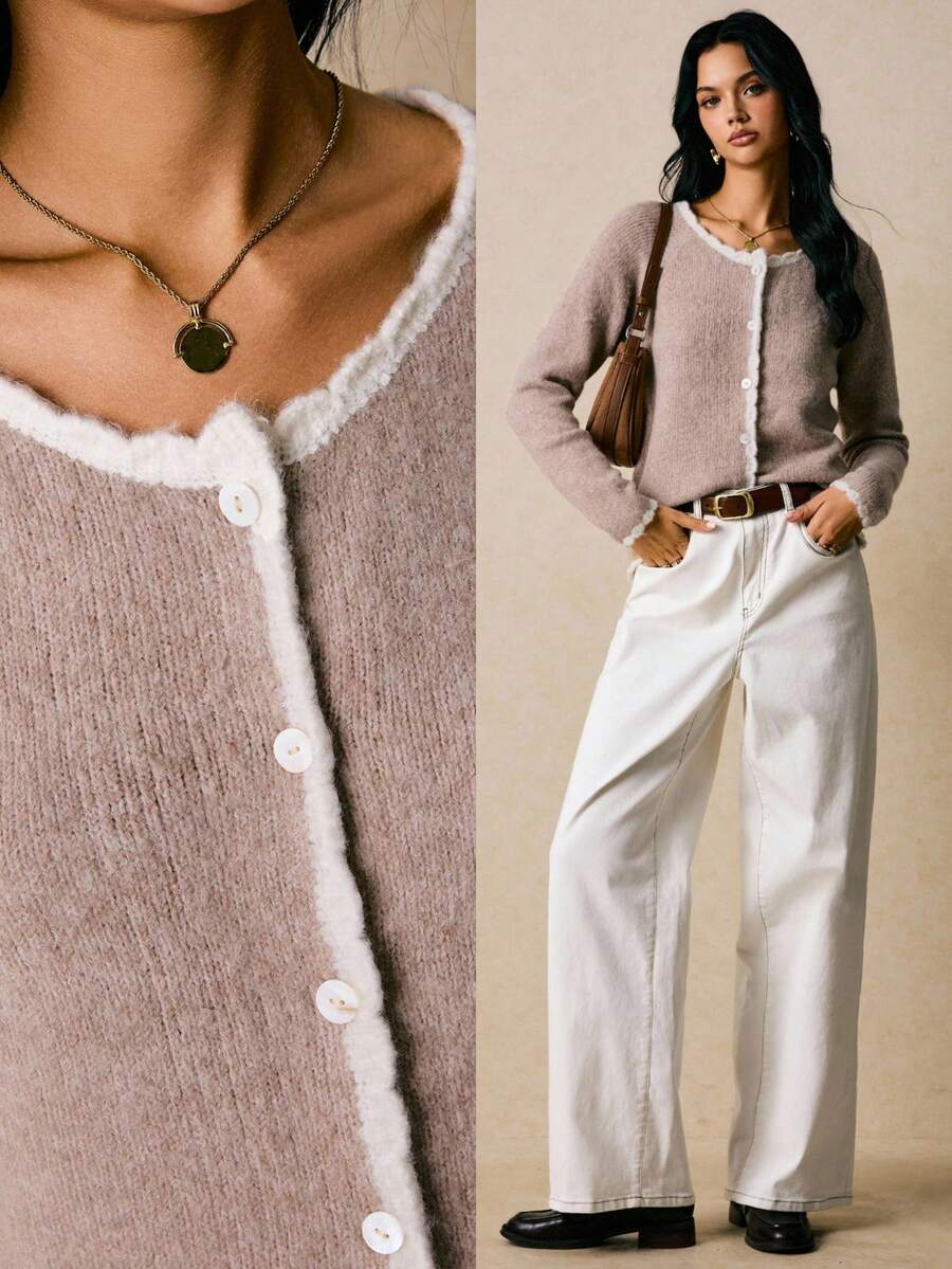 Poéselle 柔软毛绒撞色饰边纽扣开衫 - 舒适灰褐色中性针织毛衣、毛绒开衫、撞色饰边毛衣、舒适针织开衫、中性色、低调奢华针织衫、柔软马海毛开衫、简约美感秋季女式运动衫、女式撞色圆领长袖单排扣休闲针织开衫 - 駝色 - 查看 1