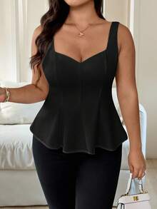 Vionelle 大码女式优雅无袖吊带背心，法式浪漫风格，适合办公室、通勤、下午茶、派对、度假，甜心领，前开衩，收腰，A 字廓形，适合春夏季荷叶边背心黑色荷叶边上衣女式黑色上衣优雅黑色上衣 - 黑色 - 查看 5