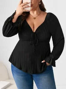 Enliva Quần áo dài tay thường ngày cỡ lớn cho nữ mùa thu, buộc ở ngực, vải mềm mại và thoải mái, áo phông đẹp cho mặc ở nhà và đi chơi, áo phông dài tay cổ hình trái tim màu trơn viền xếp nếp - màu đen - Xem 6