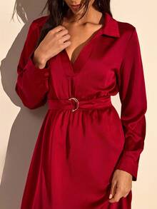 CLARA VERO Solid Color, Long Sleeve, Belted, V-Neck, Long Dress - Red - View 7