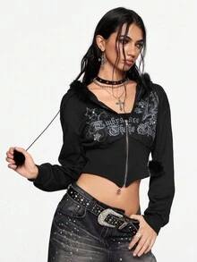 ROMWE Grunge Punk Y2K Subculture 复古修身豹纹连帽运动衫，复古花卉印花水钻装饰女式运动衫 - 黑色 - 查看 9