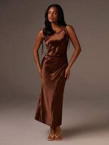 Athîral Women's Solid Color Tie Shoulder Split Hem Elegant Dress,Old Money,Satin Long Dress - Coffee Brown - View 2