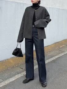 FRIFUL 女士圆领金属纽扣装饰宽松羊毛质感休闲通勤常规夹克女式外套 - 灰色 - 查看 2