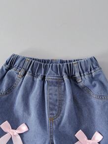 Denimly Young Girl 寬腿藍色牛仔褲 1件裝，夏季甜美清爽學院風，附3D粉色蝴蝶結裝飾，寬鬆舒適休閒長褲 - 藍色 - 查看 7