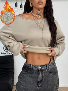 Coolane 女式秋季简约休闲基本款针织地名图案单肩宽松长袖灰色运动衫，长袖上衣 - 灰色 - 查看 3