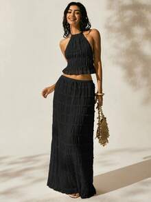 Easelle 2件套女士浪漫黑色露背低腰裙度假户外装黑色两件套女士度假装女士裙子套装两件套裙子百褶裙套装夏季2件套女士 - 黑色 - 查看 6