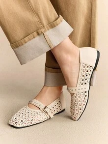 Rosivie 女士优雅镂空平底鞋，时尚舒适，法式方头优雅平底鞋 - 杏色 - 查看 8