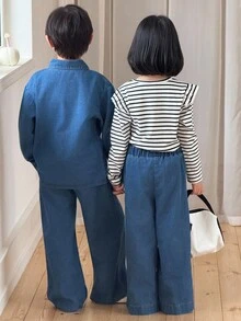 Genkimix Kids Bộ đồ thường ngày mùa xuân/thu mới dành cho bé gái, áo thun dài tay kẻ sọc + quần jeans ống rộng dáng suông, dễ thương và đơn giản. - Đen và trắng - Xem 2