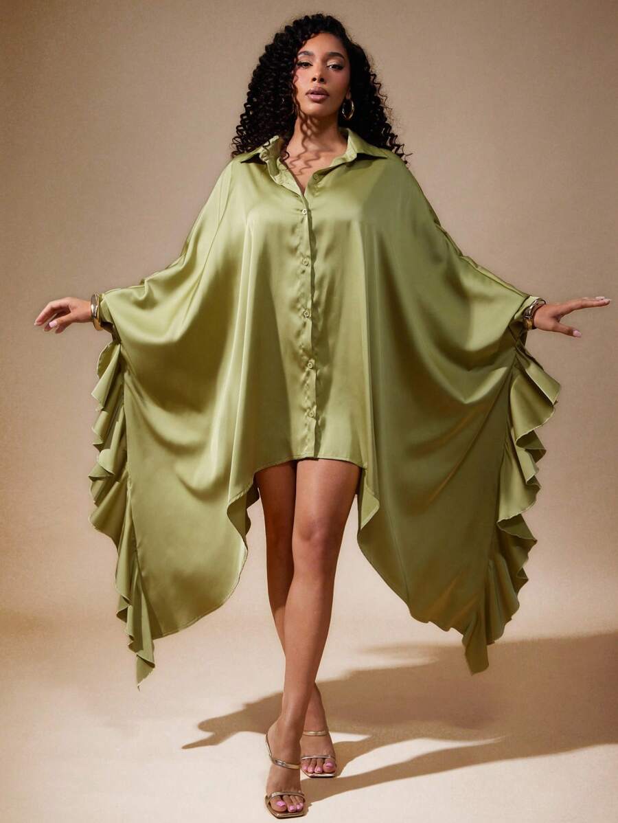 Vixey Top col chemisier à manches chauve-souris volantées, en satin unicolore