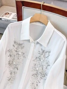 GlowEve CURVE Blusa elegante de manga farol con bordado de lentejuelas y strass para tallas grandes - Blanco - Ver 4