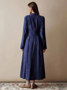 Váy dài tay thanh lịch, dáng dài vừa phải dành cho nữ, phong cách Bohemian mùa thu/đông, trang phục công sở thường ngày dự tiệc tốt nghiệp dành cho nữ - Màu xanh lam - Xem 2
