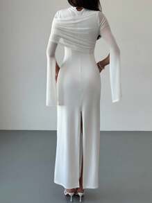 Aloruh Đầm ôm sát cổ cao thanh lịch thiết kế mới, xẻ tà bất đối xứng, tay dài, dáng ôm, chất liệu tương phản, đầm tay loe - trắng - Xem 2