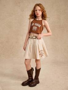 2 件套 Tween 女童夏季时尚字母印花无袖背心和褶皱迷你裙套装
