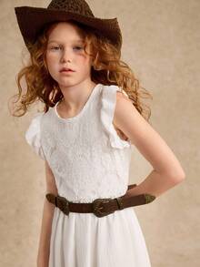 Tween Girl Elegant Lace Patchwork Long Dress,Holiday,Summer,Travel - White - View 5