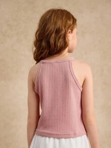 Tween Girl Vacation Beach Floral Lace Trim Fitted Sleeveless Crop Top, Summer Girls Lace Top - Dusty Pink - View 2