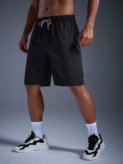  DRIFTMERE Men Solid Pocket Patched Drawstring Waist Shorts, For Back To School Spring To Summer