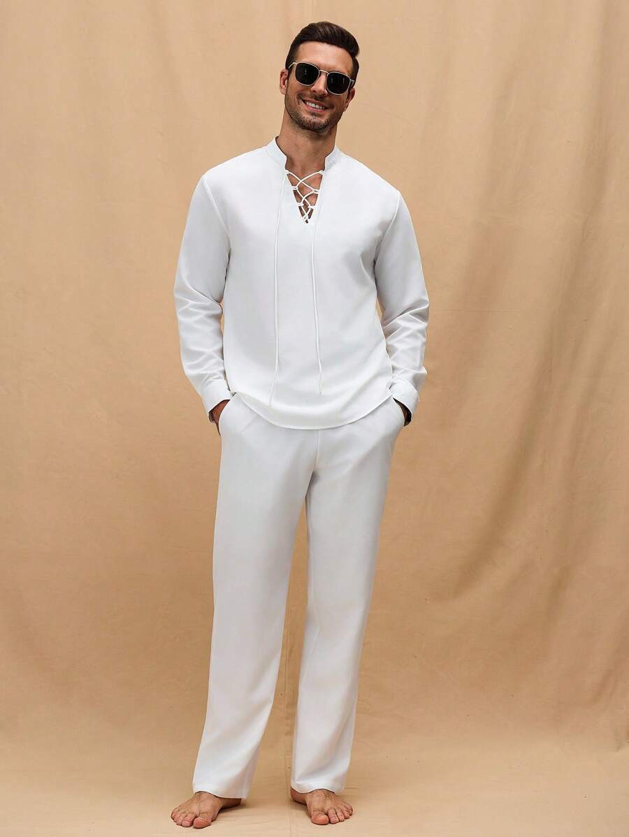 Manfinity Homme Men's Young Drawstring Collar Design Stand Collar Shirt Top And Elastic Waist Pants Set, Fall Clothes - White - View 1