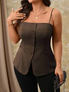 Roveilla 女士优雅法式吊带背心，正面纽扣开合，不对称下摆，适合通勤、下午茶、派对、春夏季 - 棕色 - 查看 6