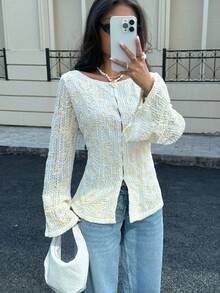 Siren Gaze 新款女式刺绣长袖衬衫，四季皆宜 - 杏色 - 查看 3