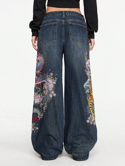 Grunge Punk Unisex Retro Street-Style Chinese Tiger & Floral Embroidery Loose Wide-Leg Low Waist Jeans