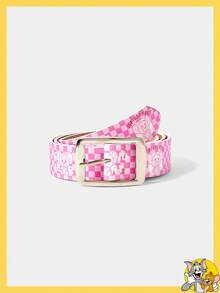 TOM & JERRY X SHEIN 1pc Women's Cartoon & Checkerboard Pattern Buckle Fashionable Denim Belt - Pink - View 1