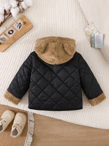 SHEIN Infant/Toddler Baby Boy Thick Thermal Lined Hooded Front-Zip Jacket, Suitable For Outdoor, Indoor, Sports, Baby Outerwear, Fall Winter 3M-3T Fall/Winter Neutral Baby Clothes Newborn Baby Clothes Unisex Jacket - Black - View 2